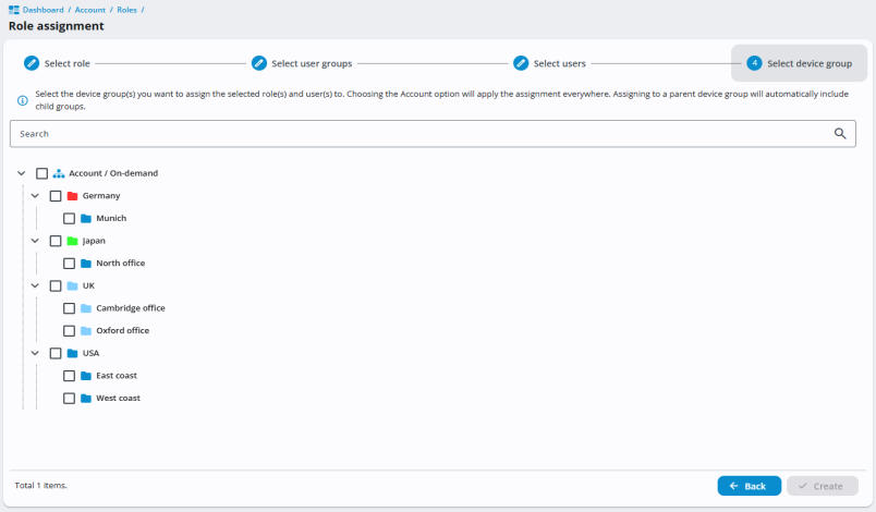 Role assignment wizard, showing step 4: Select device group. A folder tree displays device groups under the parent group Account / On-demand, including subgroups. A search bar is provided to filter device groups. At the bottom right are Back and Create buttons. Steps 1 (Select role) and 2 (Select users) are marked as complete.